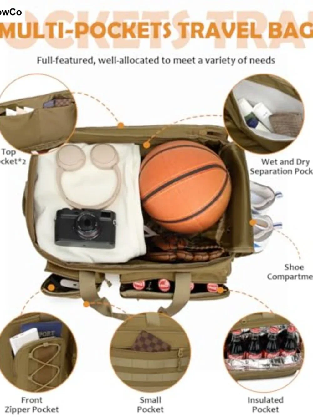 50L 3-in-1 Gym Duffle Bag Travel Backpack with Shoe Compartment